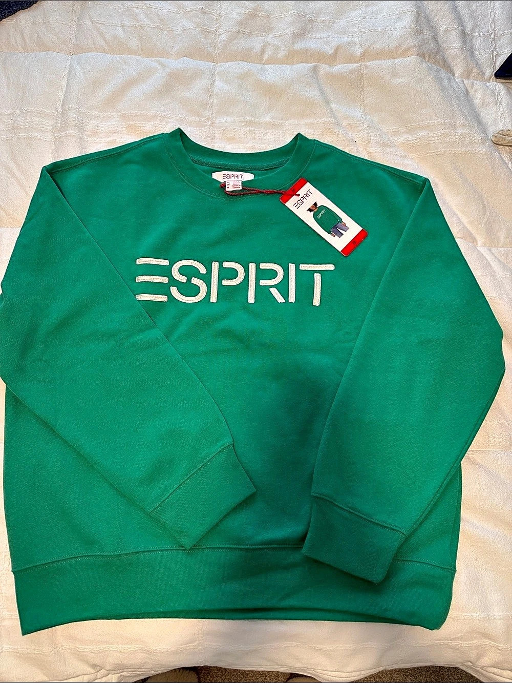 Esprit Logo Fleece Crewneck Green Cotton Sweatshirt Size Medium